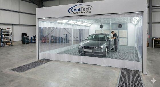 CoatTech Infrared Paint Curing Preparation Station with Overhead Rail System and Short-Wave IR Heater Cassettes